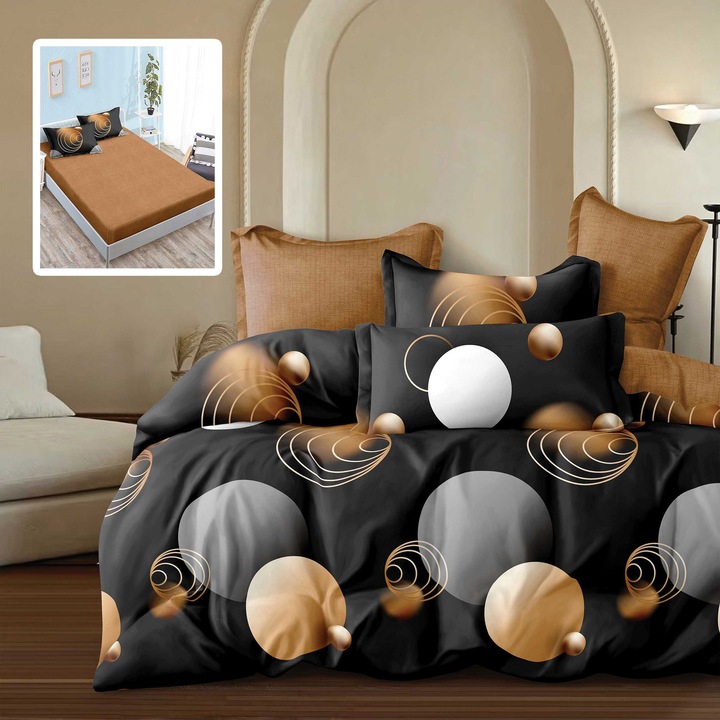 Lenjerie pat dublu Finet Gros 6 piese, NufJoy®, Cearceaf cu elastic universal pentru saltea 160x200 cm/180x200 cm, cearsaf pilota 200x230 cm, 2 fete perna 70x70 cm, 2 fete perna 50x70 cm Cercuri