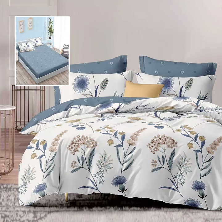 Lenjerie de pat finet cozy, 6 piese, TextiLici, husa pat universala 160 x 200 cm si 180 x 200 cm, 4 fete de perna, antracit