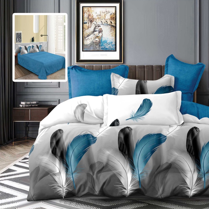 Ágynemű, finet pamutból, "Elisa" modell, nyomott mintával, 6 részes, Fehér / Kék