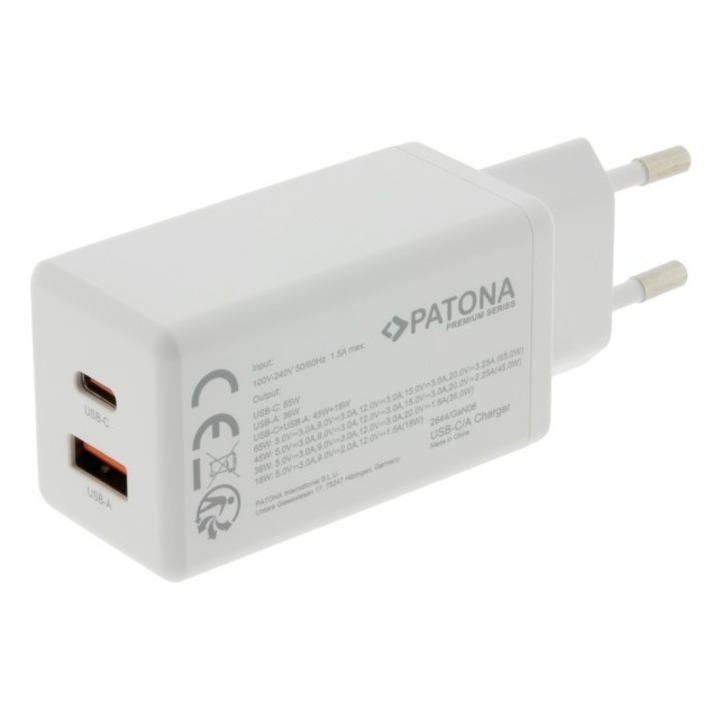 ​Incarcator Rapid PATONA Premium GaN USB PD65W Alb 1xUSB-C 1xUSB-A