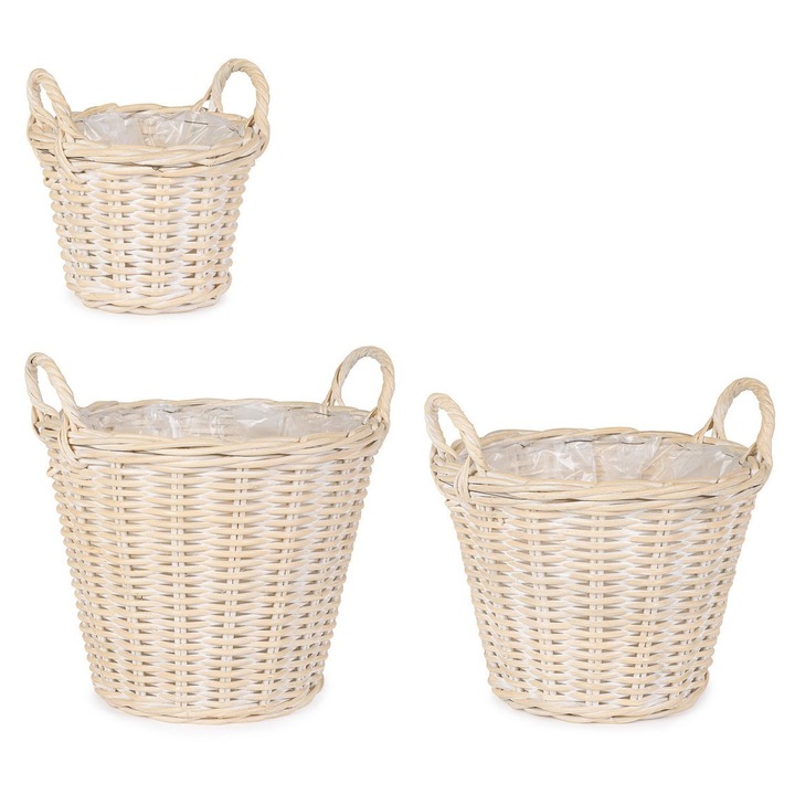 Set 3 cosuri ratan natur alb Randy Ø22x16-24h; ø30x23-29h; ø37x30-38h