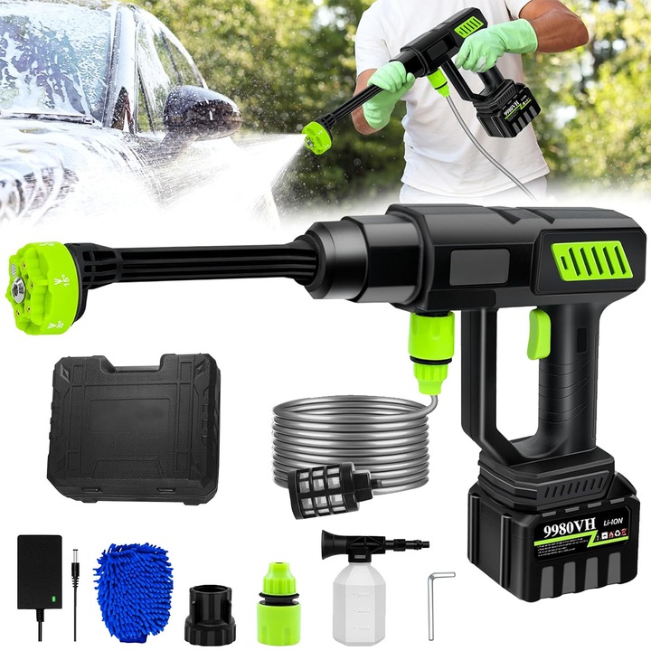 Aparat De Spalat Cu Presiune Portabil Pistol, 3500W, Pe Acumulator, 68 bar, Jeturi - 0°, 15°, 25°, 40°, dus si spuma, 1x Baterie 18000mAh, 5m Furtun, Geanta De Transport, Set Complet, Negru - pentru Masina, Garduri, Terase si Patio