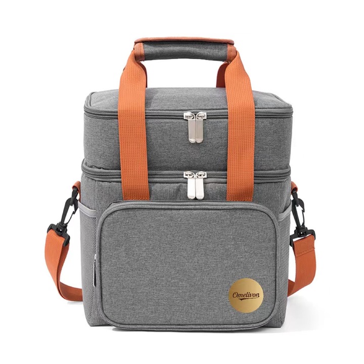 Etajul 2 Geanta termoizolanta, Frigorifica, 15L，Omelivon®， gri, Lunch Box, Unisex, Impermeabila, Curea de umar reglabila, 28x26x19 cm