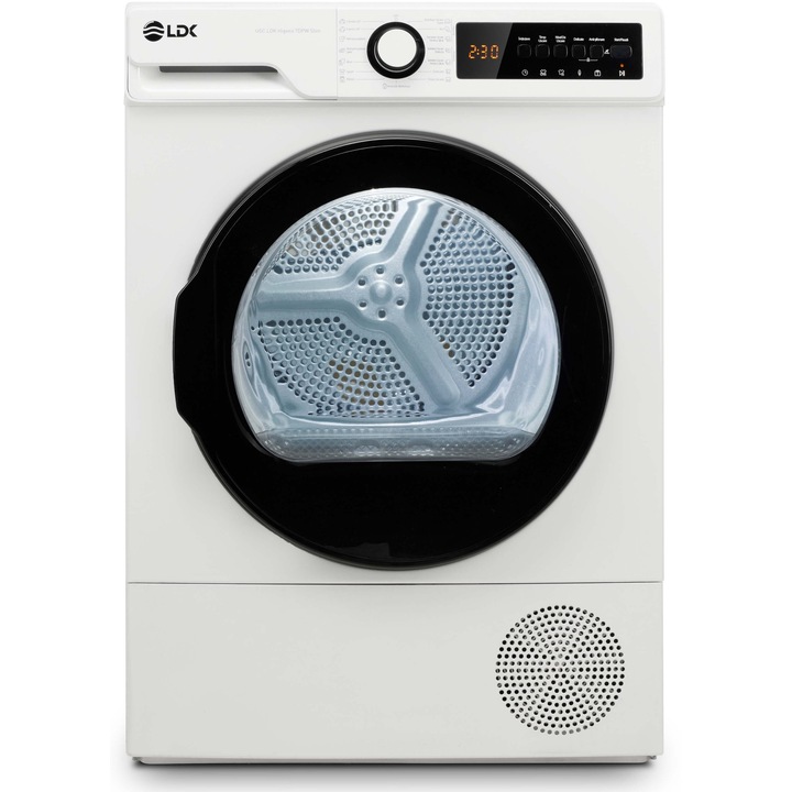 Uscator de rufe LDK Higeea 7DPW, 7 Kg, Clasa E, 15 programe, Pompa de caldura, Slim, Antisifonare, Calcare usoara, Selectare nivel uscare, Uscare Extra, Amanare pornire, Alb