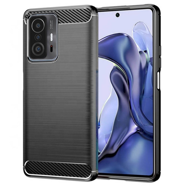 Husa pentru Xiaomi 11T / 11T Pro, SKYDDAR INNOVATION, Carbon Silicone, din Silicon Slim, cu textura Fibra Carbon, set cu sticker, Negru
