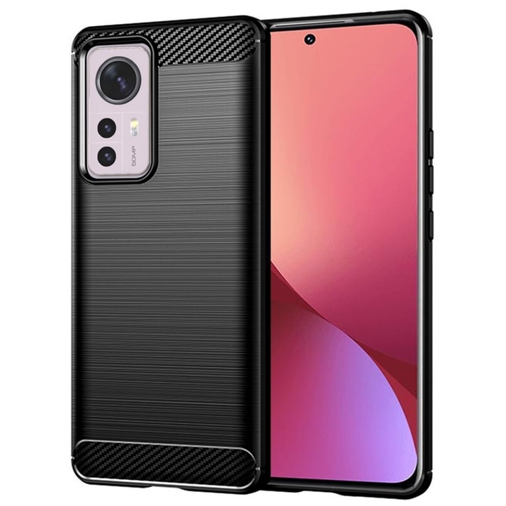 Husa pentru Xiaomi 12 / 12X, SKYDDAR INNOVATION, Carbon Silicone, din Silicon Slim, cu textura Fibra Carbon, set cu sticker, Negru