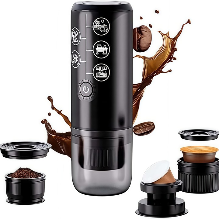 Espressor portabil automat, RorAem, Espressor portabil 10W, 2600mAh, 17 bar, 120ml, ompatibil capsule Nespresso si Dolce Gusto, cafea macinata, Compatibil cu apa calda si rece, Compact and Usor de Utilizat, Pentru Masina, Camping, Calatorii, Birou, Negru