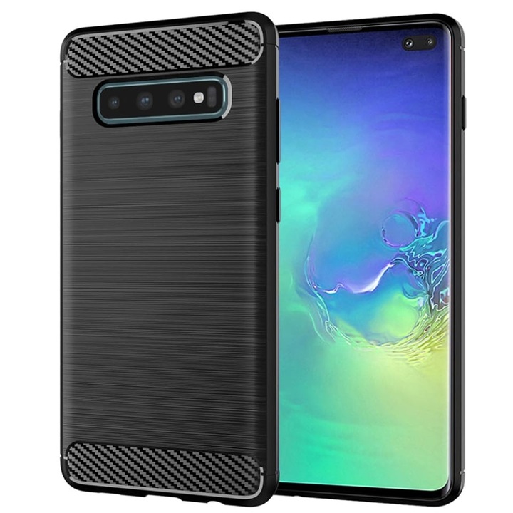 Husa pentru Samsung Galaxy S10 Plus, SKYDDAR INNOVATION, Carbon Silicone, din Silicon Slim, cu textura Fibra Carbon, set cu sticker, Negru