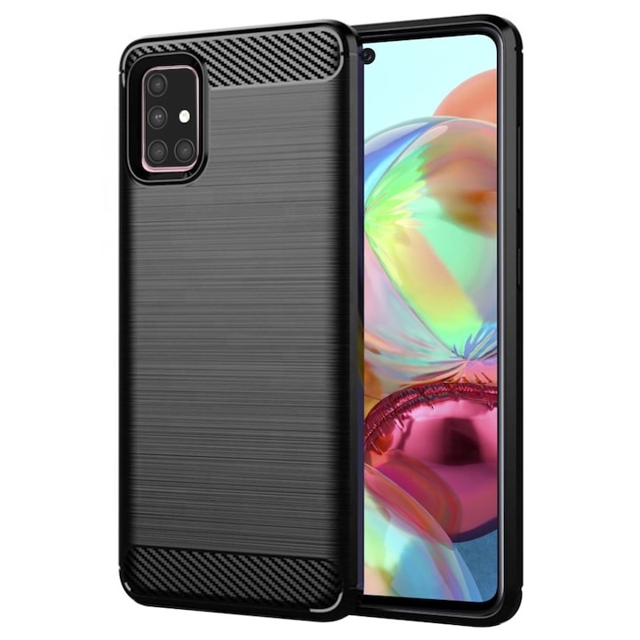Husa pentru Samsung Galaxy A71 4G, SKYDDAR INNOVATION, Carbon Silicone, din Silicon Slim, cu textura Fibra Carbon, set cu sticker, Negru