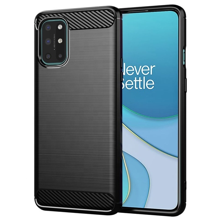 Husa pentru OnePlus 8T, SKYDDAR INNOVATION, Carbon Silicone, din Silicon Slim, cu textura Fibra Carbon, set cu sticker, Negru