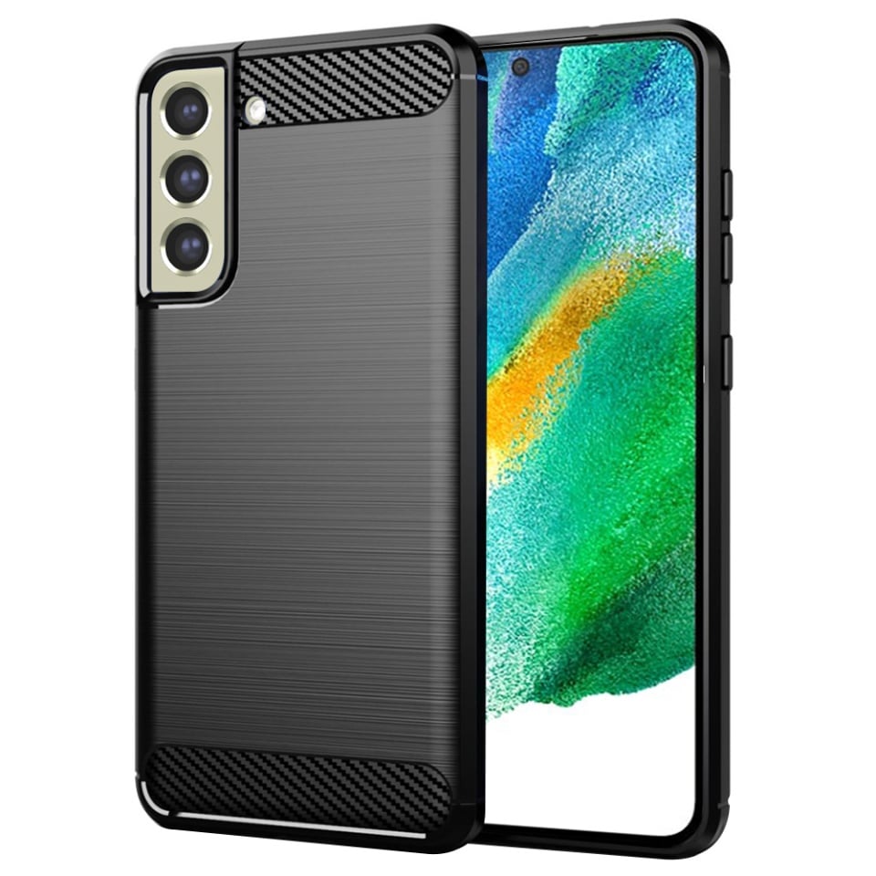 Husa pentru Samsung Galaxy S21 FE 5G, SKYDDAR INNOVATION, Carbon Silicone, din Silicon Slim, cu textura Fibra Carbon, set cu sticker, Negru