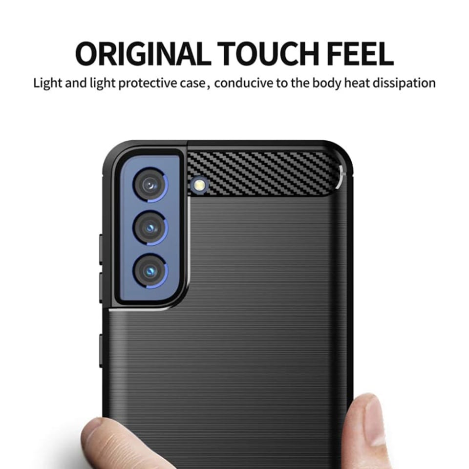 Husa pentru Samsung Galaxy S21 FE 5G, SKYDDAR INNOVATION, Carbon Silicone, din Silicon Slim, cu textura Fibra Carbon, set cu sticker, Negru