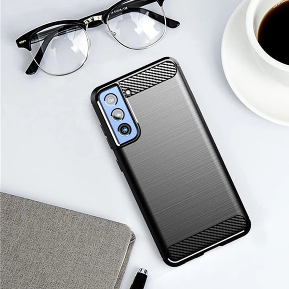 Husa pentru Samsung Galaxy S21 FE 5G, SKYDDAR INNOVATION, Carbon Silicone, din Silicon Slim, cu textura Fibra Carbon, set cu sticker, Negru
