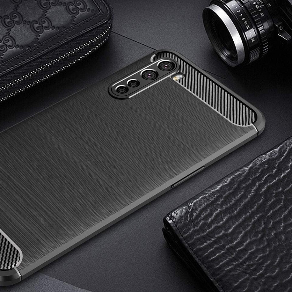 Husa pentru OnePlus Nord 5G, SKYDDAR INNOVATION, Carbon Silicone, din Silicon Slim, cu textura Fibra Carbon, set cu sticker, Negru