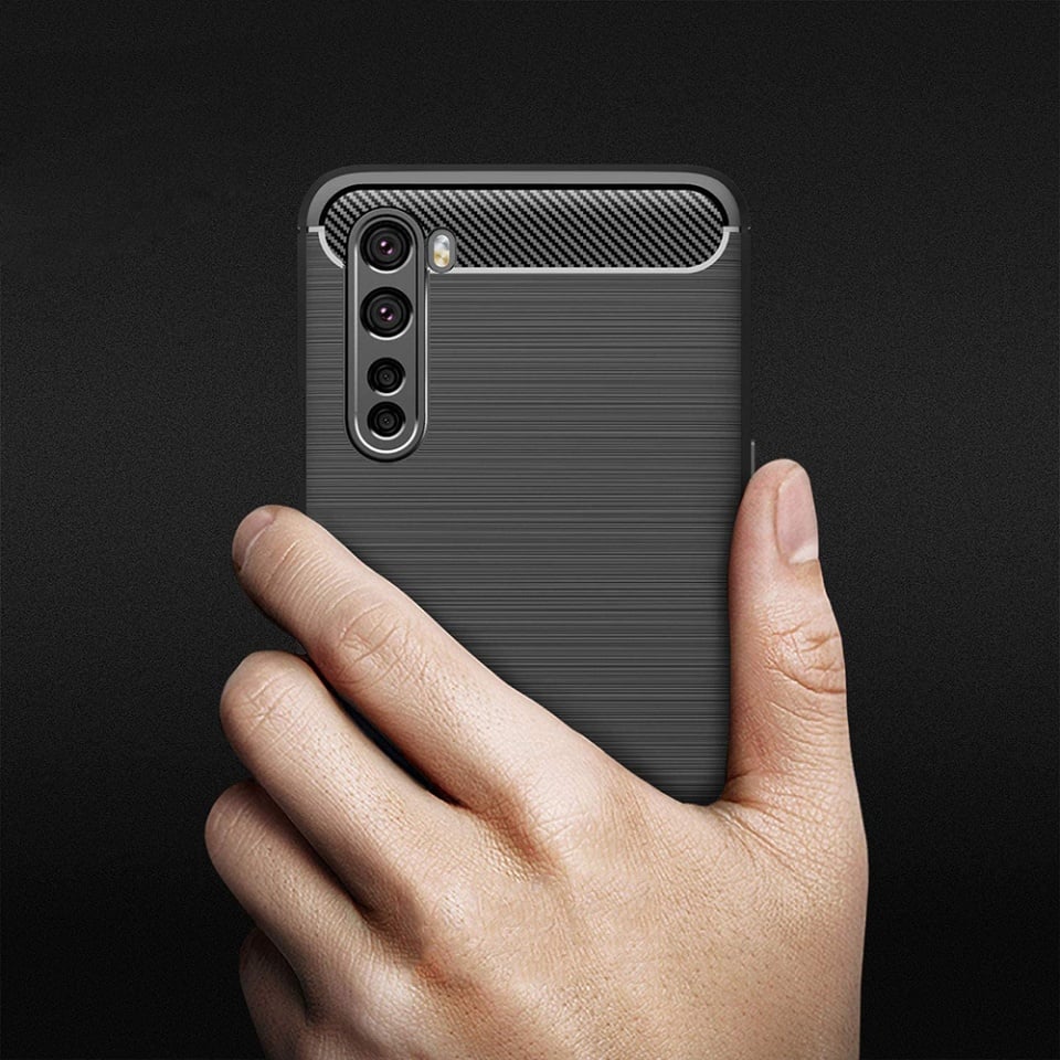 Husa pentru OnePlus Nord 5G, SKYDDAR INNOVATION, Carbon Silicone, din Silicon Slim, cu textura Fibra Carbon, set cu sticker, Negru