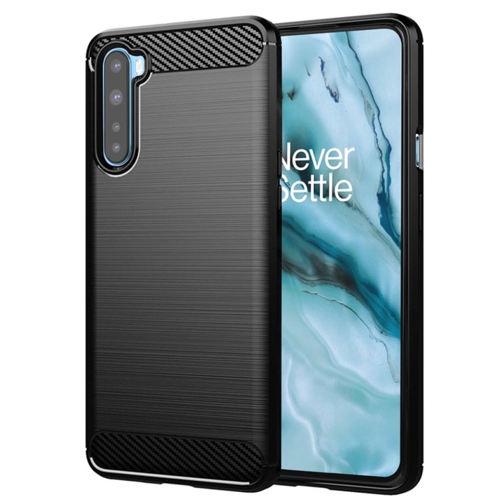 Husa pentru OnePlus Nord 5G, SKYDDAR INNOVATION, Carbon Silicone, din Silicon Slim, cu textura Fibra Carbon, set cu sticker, Negru