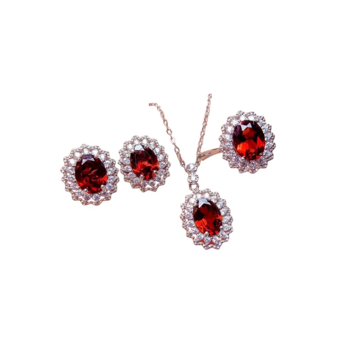 Háromrészes ékszer szett nőknek, nyakláncból, fülbevalóból és állítható gyűrűből áll, utánzott piros drágakövekkel és gyémántokkal