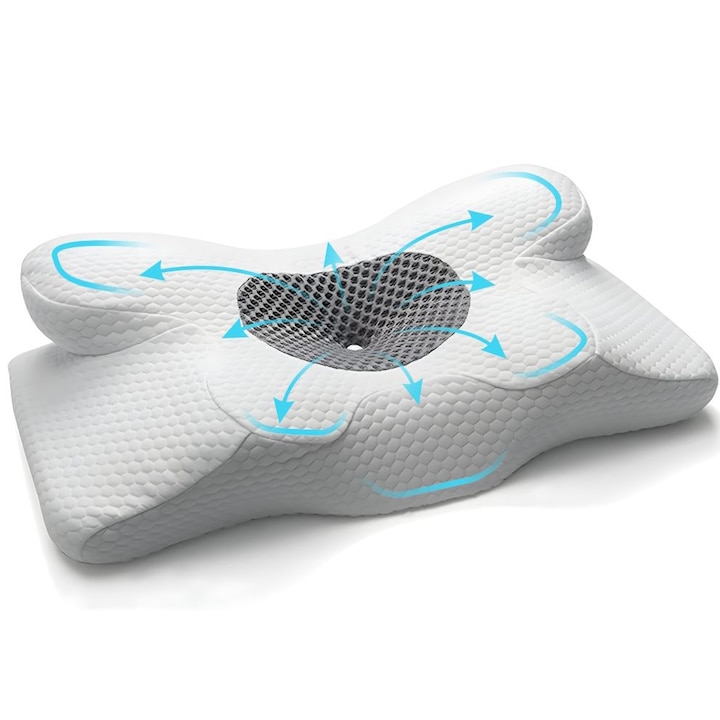 Ортопедична Цервикална Възглавница за Сън Linomag, Мемори Пяна, Форма на Пеперуда, Миещ се Калъф, Поддръжка за Глава, Врат, Рамена и Ръце, 34 x 59 x 13 см, Бяло/Тъмносиво