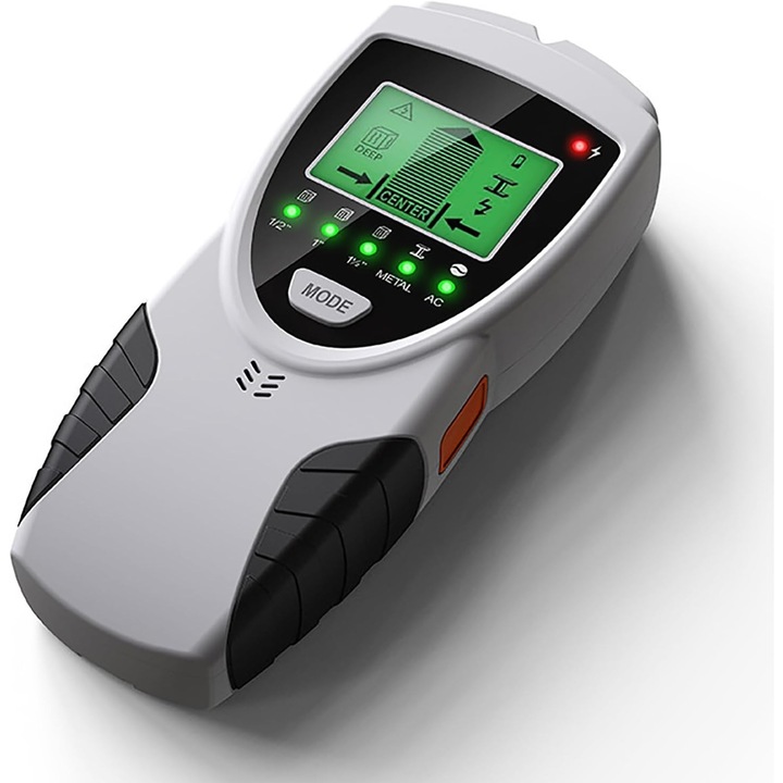 Detector portabil de grinzi de perete, scaner de grinzi de perete, detector de margine centrala a grinzilor cu buzzer si ecran cu iluminare de fundal, 4 moduri de detectare si calibrare automata, pentru casa, birou, atelier, WALALLA, gri