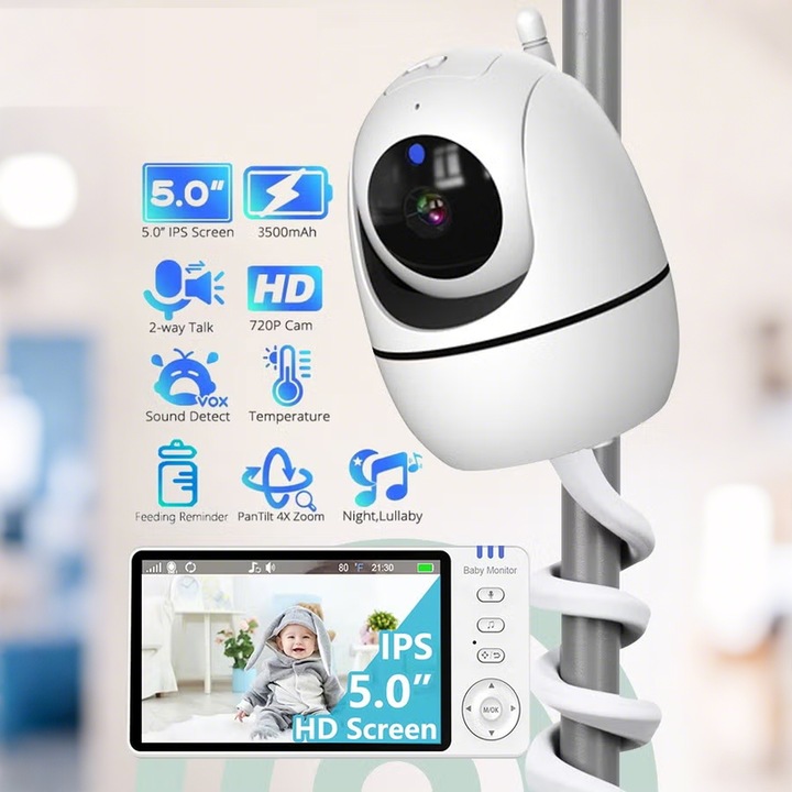 Monitor pentru bebelusi cu camera si vedere nocturna, WALALLA, video HD 720P de 5 inci, 2000mAh, ecran IPS, mod VOX, audio bidirectional, alerta de temperatura, 8 cantece de leagan, camera de securitate interioara pentru casa