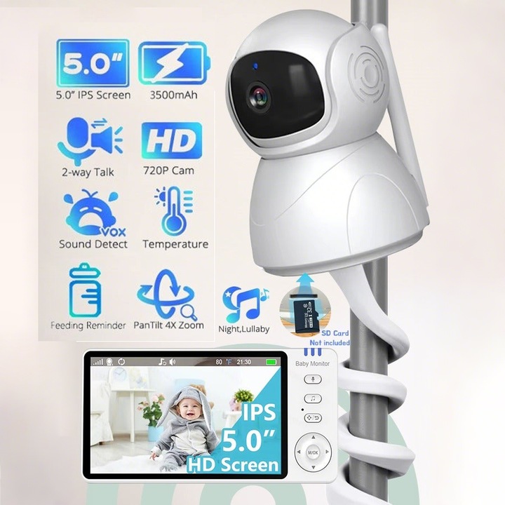 Камера за наблюдение на бебета, 5-инчов 720P екран, 2X цифрово увеличение, двупосочно аудио, наблюдение на температурата, нощно виждане, VOX откриване на звук, 8 музикални парчета, стойка за камера, WALALLA, бяла