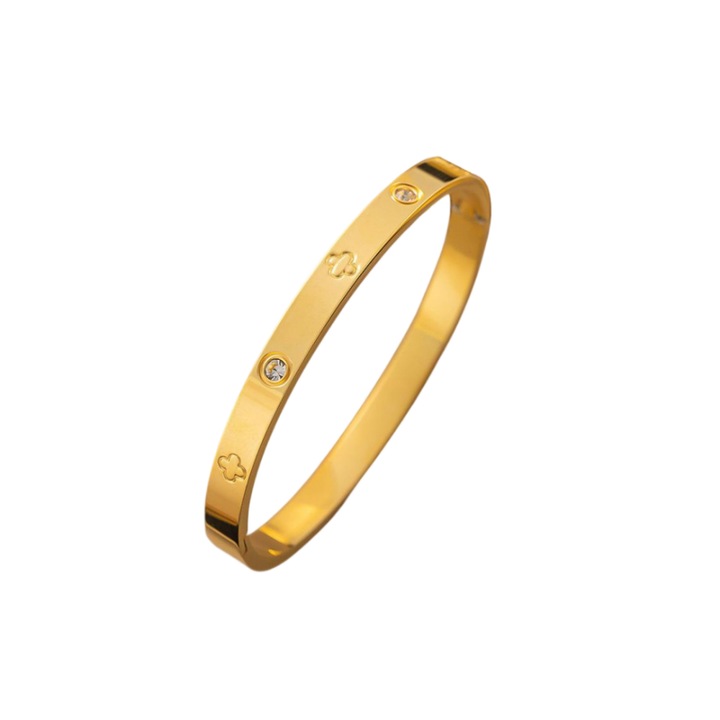 Bratara pentru femei, otel aliat, motiv trifoi cu patru foi, cu pietre zirconiu, ton auriu, 50 x 60 mm