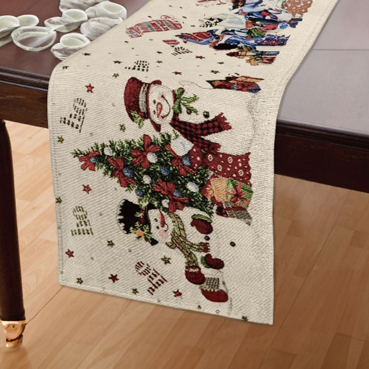 Napron de craciun bej om de zapada brad cadouri cu lurex argintiu 150x33cm