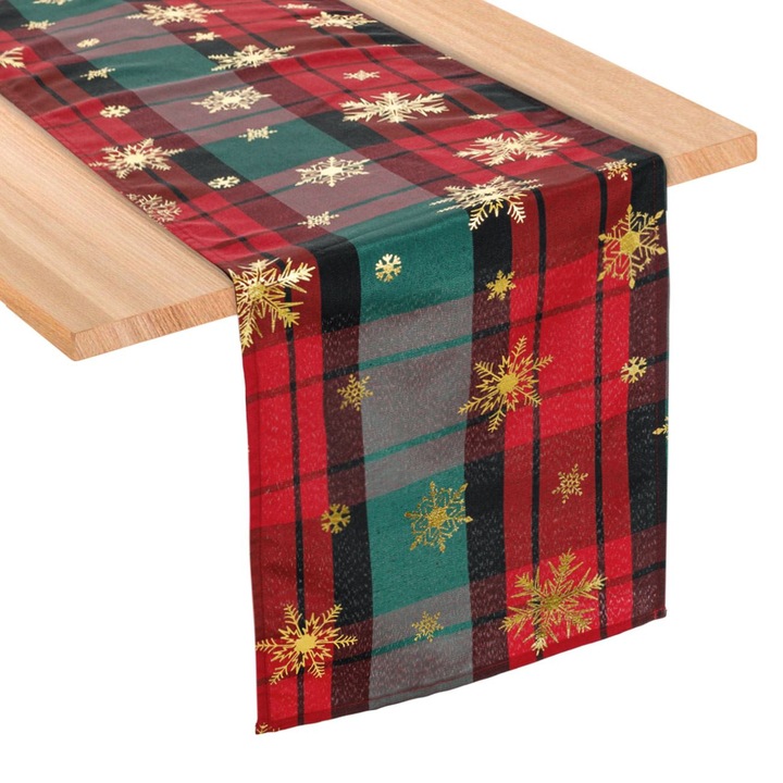 Napron decorativ de craciun caro cu fulgi folie aurie 160x33cm