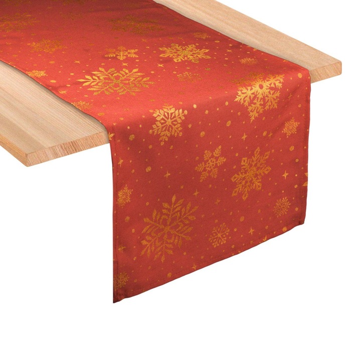 Napron de craciun rosu cu fulgi din folie aurie 160x35cm