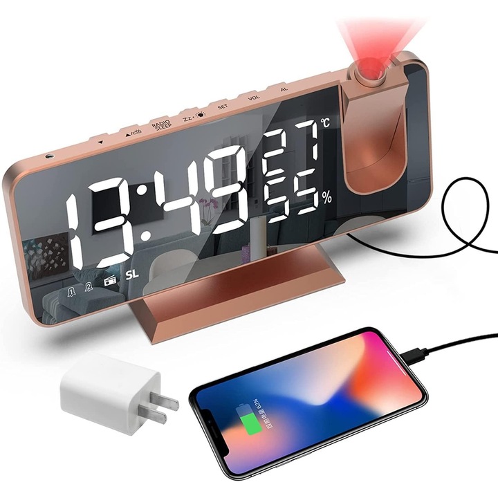 Ceas multifunctional cu LED, stil oglinda, cu proiectie pe tavan, port tip USB pentru incarcarea telefonului, radio, radio cu ceas desteptator pe tavan, port incarcare USB, afisaj temperatura si umiditate, afisaj LED oglinda mare de 7,3”, aur roz