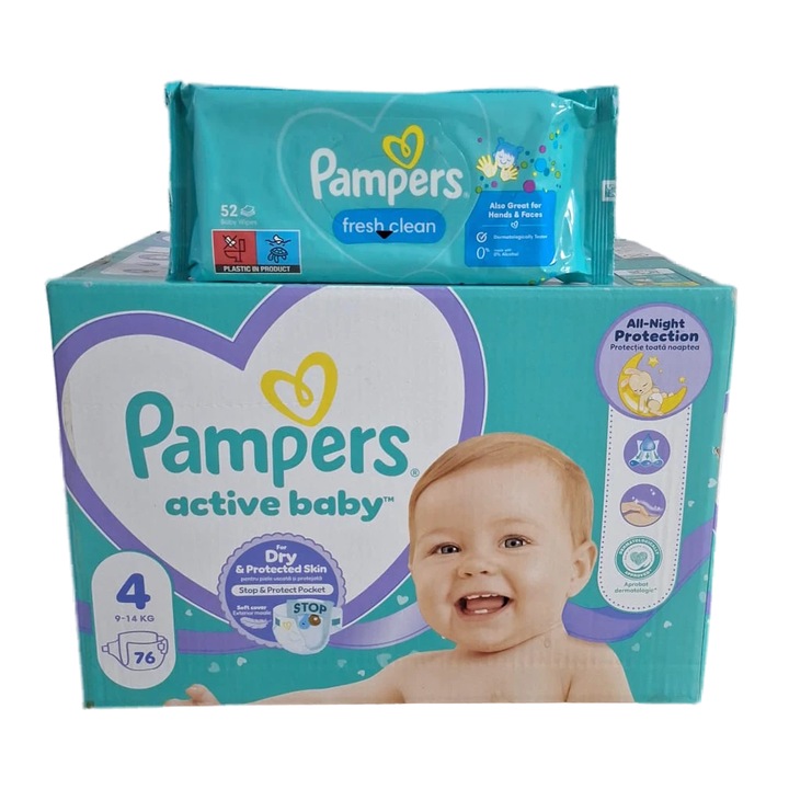 Scutece Pampers Active Baby Jumbo Pack, Marimea 4, 76 buc 9-14 kg + Servetele umede Pampers Fresh Clean