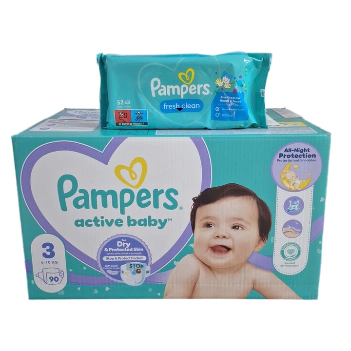Scutece Pampers Active Baby Jumbo Pack, Marimea 3, 6-10 kg 90 buc + Servetele umede Pampers Fresh Clean