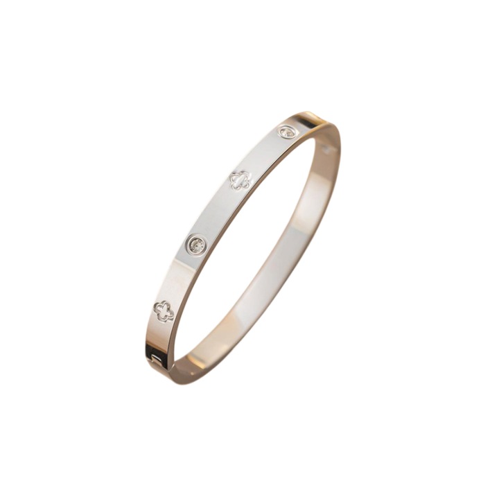 Bratara pentru femei, otel aliat, trifoi cu patru foi + zirconiu, argint,50x60mm