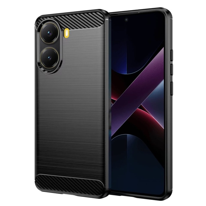 Husa pentru Xiaomi Poco X7 Pro, SKYDDAR INNOVATION, Carbon Silicone, din Silicon Slim, cu textura Fibra Carbon, set cu sticker, Negru