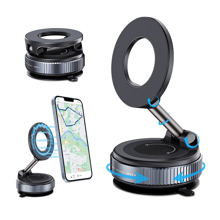 Suport Auto Magnetic Pentru Telefon, Suport Telefon Pliabil Magsafe cu ventuza reglabila la 360°, pentru iPhone 12/13/14/15/16 /Mini/Pro/Pro Max si Android