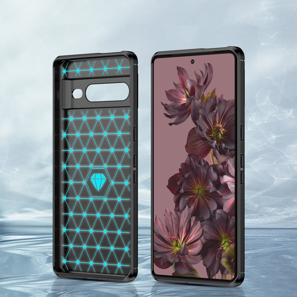 Husa pentru Google Pixel 7 Pro, SKYDDAR INNOVATION, Carbon Silicone, din Silicon Slim, cu textura Fibra Carbon, set cu sticker, Negru