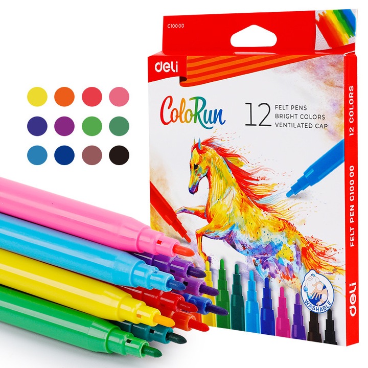 Színes filctoll, Deli®, nem mérgező, szuper mosható, puha színű, 12 szín