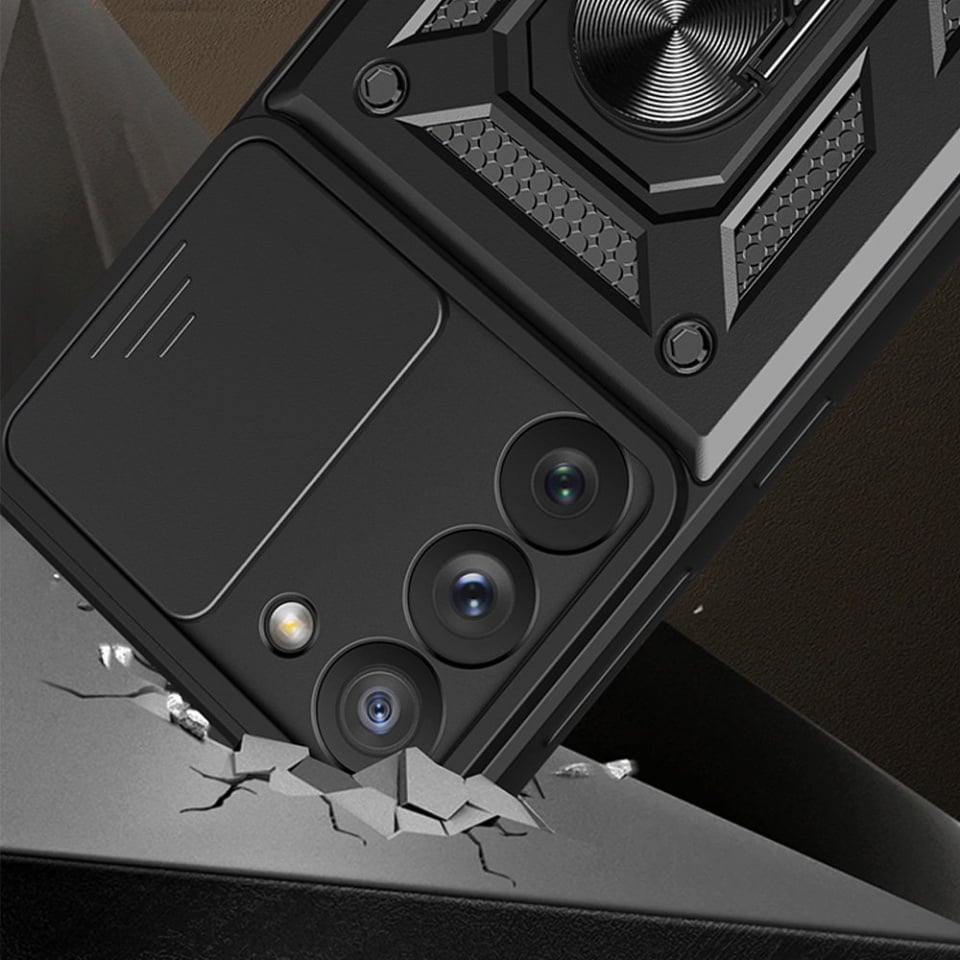Husa pentru Samsung Galaxy S21 Ultra 5G, SKYDDAR INNOVATION, CamShield, Inel magnetic, set cu sticker, Negru