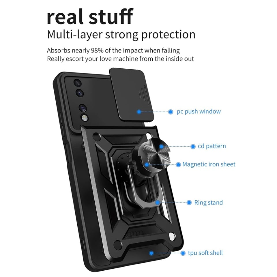 Husa pentru Honor 70, SKYDDAR INNOVATION, CamShield, Inel magnetic, set cu sticker, Negru