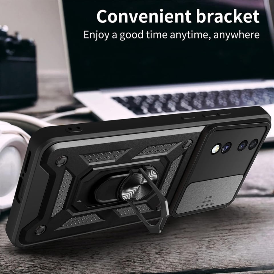 Husa pentru Honor 70, SKYDDAR INNOVATION, CamShield, Inel magnetic, set cu sticker, Negru