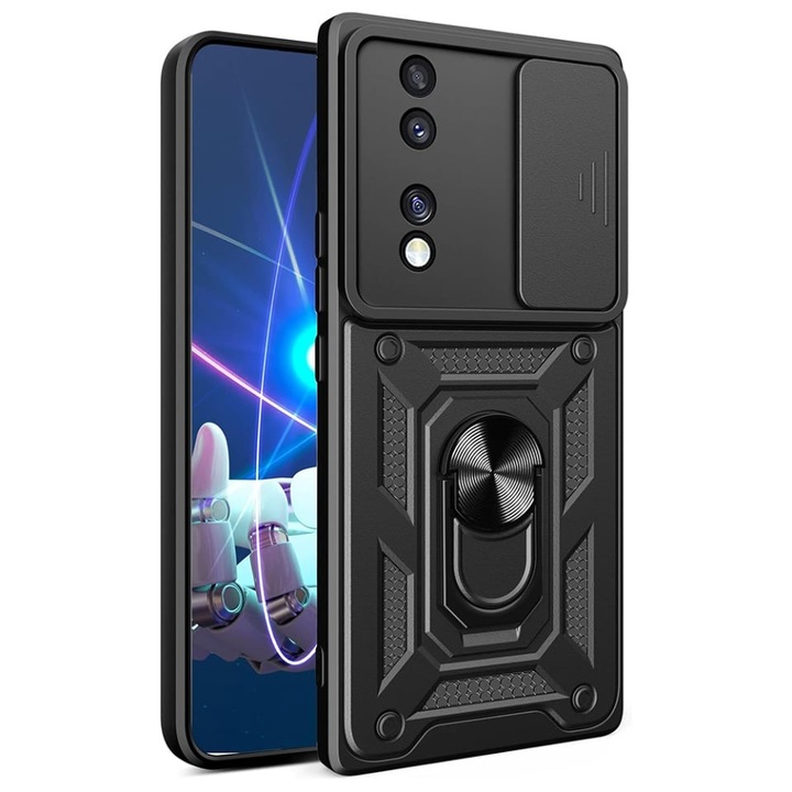 Husa pentru Honor 70, SKYDDAR INNOVATION, CamShield, Inel magnetic, set cu sticker, Negru