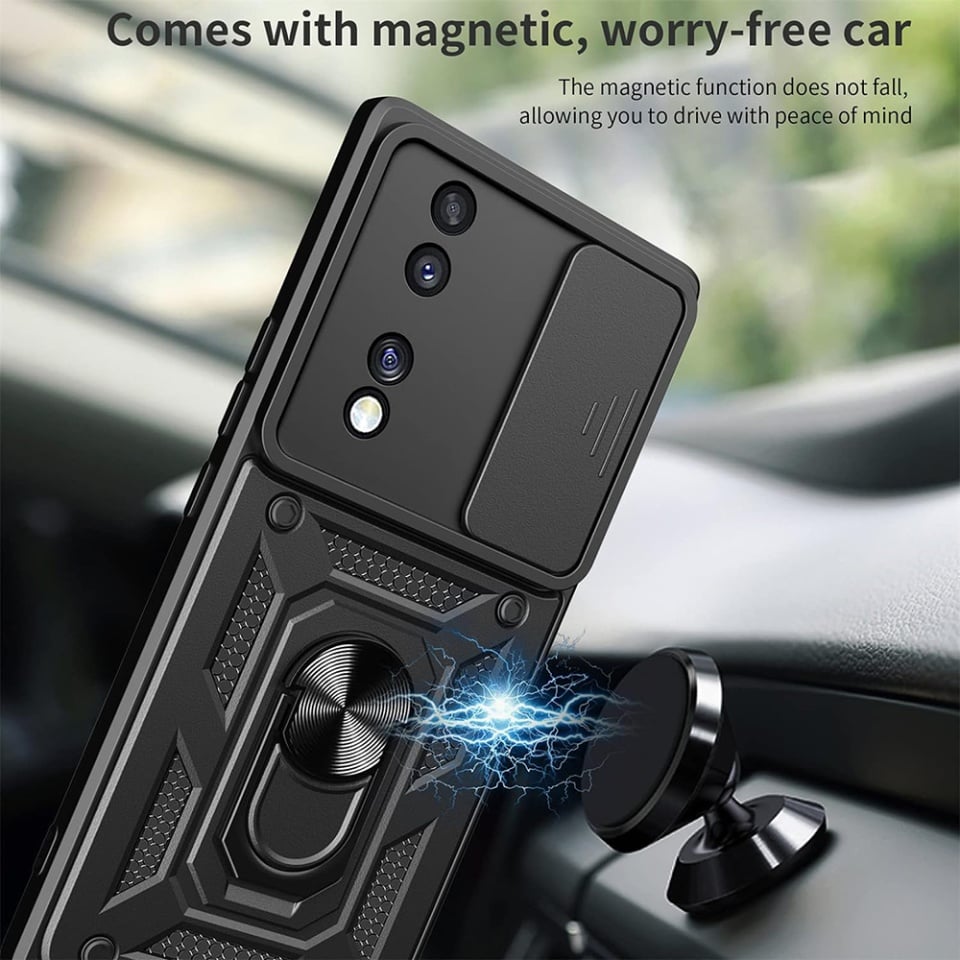 Husa pentru Honor 70, SKYDDAR INNOVATION, CamShield, Inel magnetic, set cu sticker, Negru