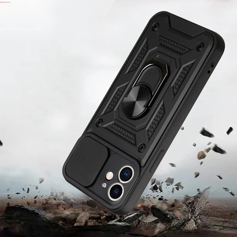 Husa pentru iPhone 11, SKYDDAR INNOVATION, CamShield, Inel magnetic, set cu sticker, Negru