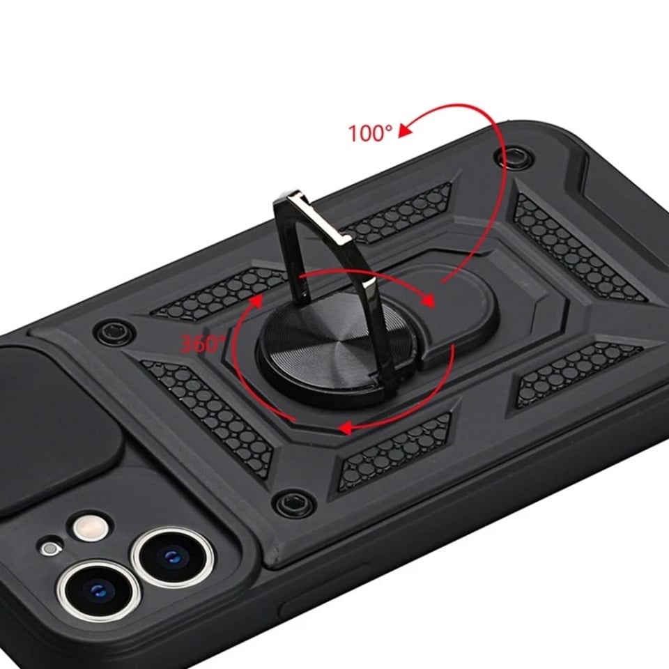 Husa pentru iPhone 11, SKYDDAR INNOVATION, CamShield, Inel magnetic, set cu sticker, Negru