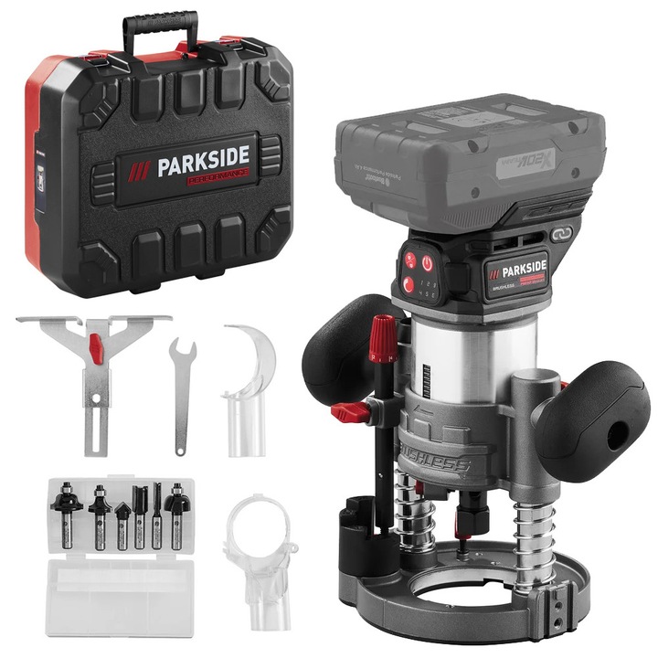 Акумулаторна фреза Parkside, PMFAP 20-LI A1, Захранвана с батерия, Безчетков мотор, Скорост на празен ход 10000-30000 об/мин, Максимална дълбочина на фрезоване 35 мм, 2 отвора за монтаж на фрезата, Черен