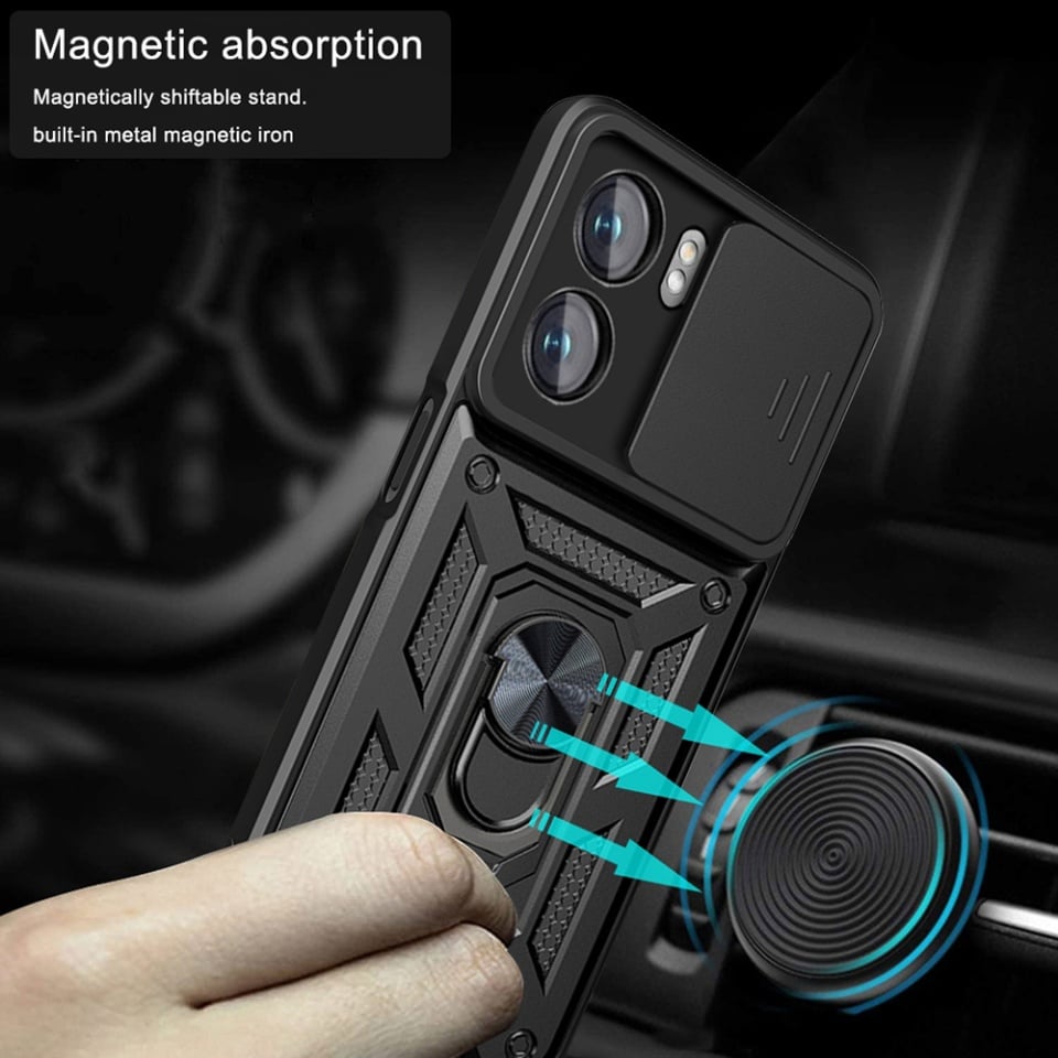 Husa pentru Oppo A57 4G / A57s / OnePlus Nord N20 SE, SKYDDAR INNOVATION, CamShield, Inel magnetic, set cu sticker, Negru