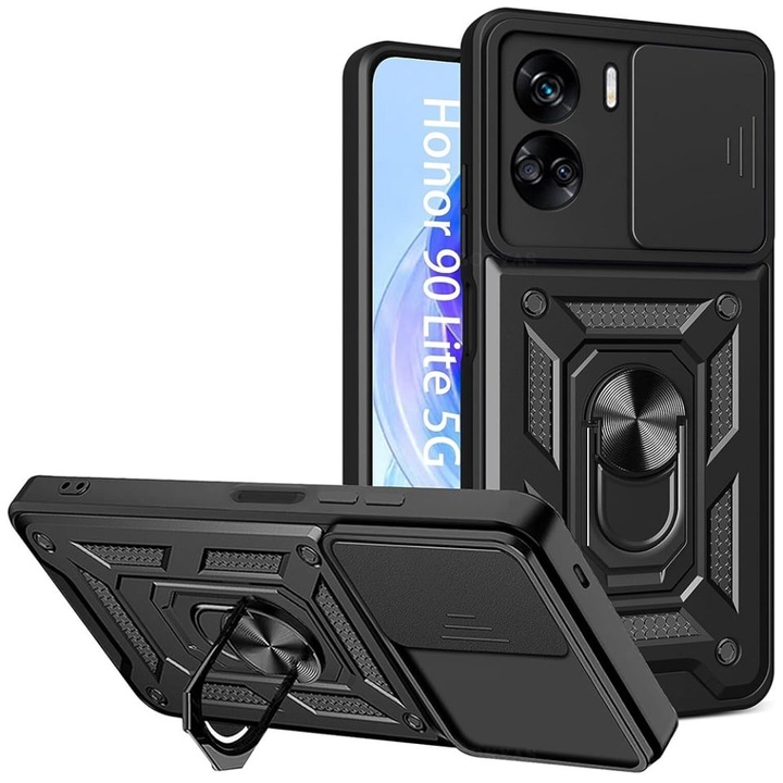 Husa pentru Honor 90 Lite, SKYDDAR INNOVATION, CamShield, Inel magnetic, set cu sticker, Negru