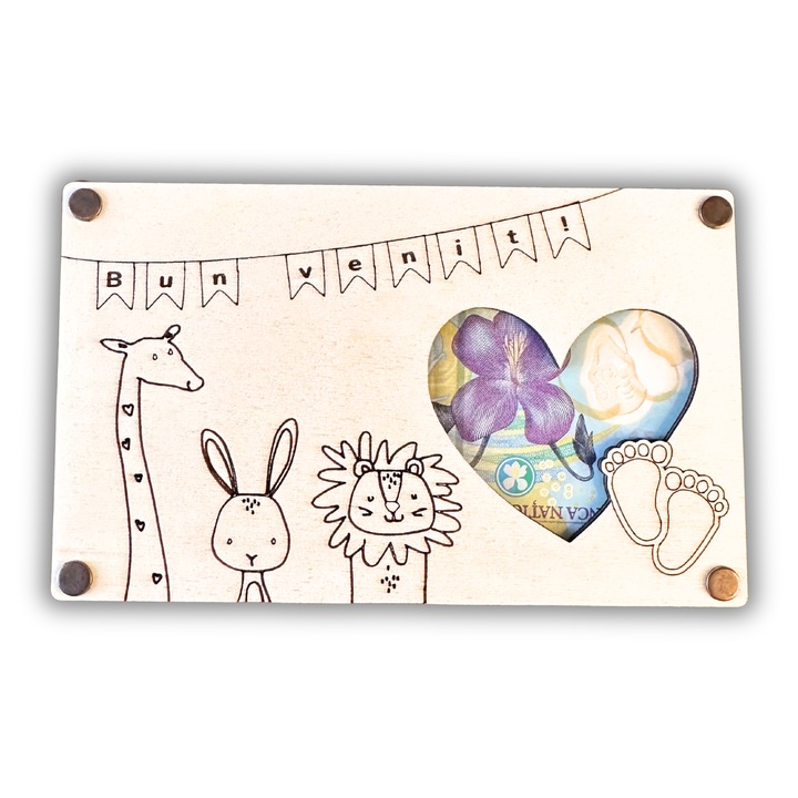 Дървена картичка "Добре дошли!" - рамка за снимка, поставка за пари/ваучери, подарък за кръщене и новородено, 17x10, 5 см