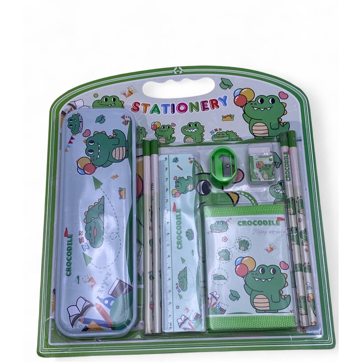 Set rechizite scolare, penar metalic, portofel, 4 creioane, rigla 15 cm, radiera si ascutitoare, VERDE