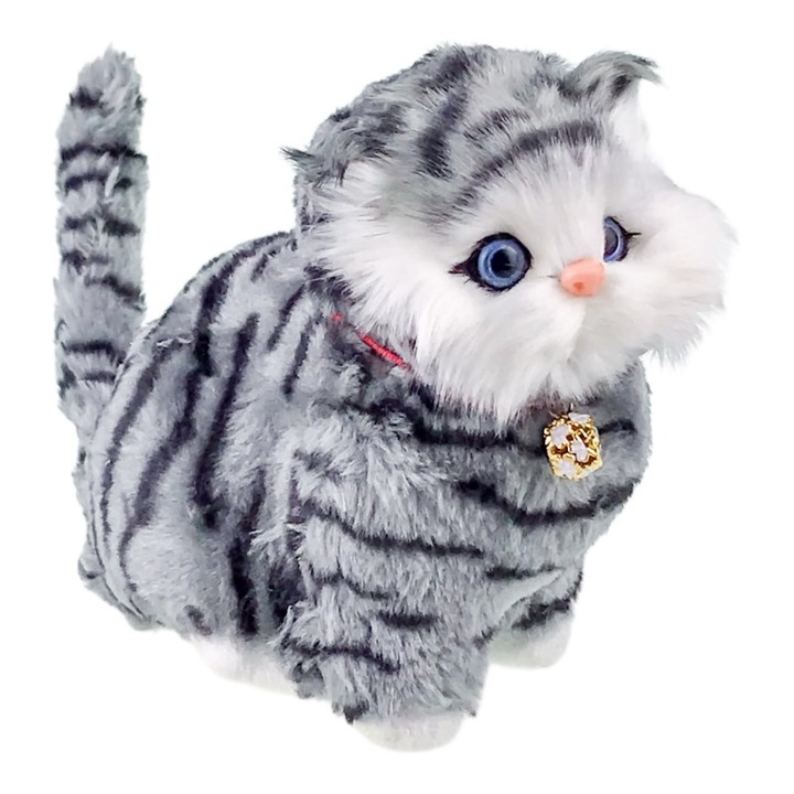 Pisica din plastic, cu blana, si clopotel.23x15 cm model tigrat